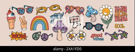 Vektor-Set von 70er Jahre Hippie Groovy Sticker im Retro Psychedelic Stil. Lächelnde Gänseblümchenblume, Fliegenpilz mit Augen, Regenbogen, Peace Gesture V Zeichen und Sonnenbrille. Vintage-Disco-Brillen. Stock Vektor