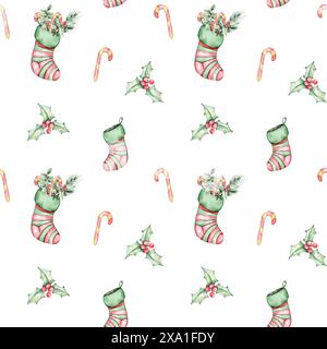 Nahtloses Muster mit Weihnachtsdekoration in Aquarellen Stockfoto