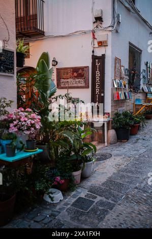 Charmante La Templanza Bibliothek in der Altstadt von Peñiscola, Castellon, Valencianische Gemeinde, Spanien Stockfoto