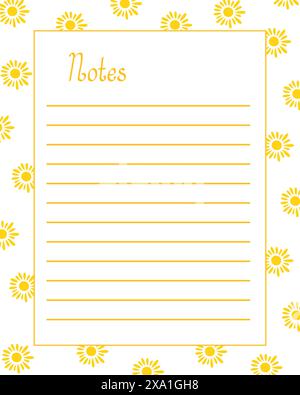 Notizen Leere linierte Seitenvorlage mit gelben Sonnen Sommerferien saisonale Dekoration, einfache Hand gezeichnete Vektorillustration für Bullet Journal, rechteckiger Rahmen druckbares persönliches Tagebuch Stock Vektor
