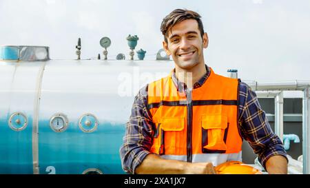 Ein Techniker mit Sicherheitsausrüstung vor dem Anhänger. Stockfoto