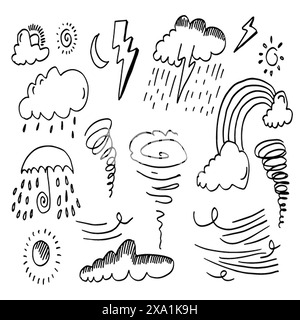 Sammlung handgezeichneter Kritzeleien – Wettersymbole auf weißem Hintergrund. Stock Vektor