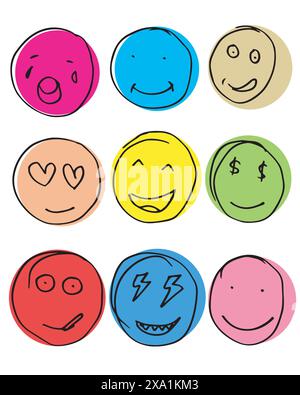 Hand gezeichnetes Emoticon Set, Vektor auf weißem Hintergrund. Stock Vektor