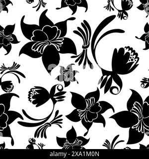 Nahtloses Muster schwarze Chrysanthemen, japanisches Blumenmuster auf weißem Hintergrund Stock Vektor