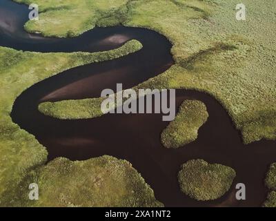 Aus der Vogelperspektive auf einen sich schlängelnden Fluss, der durch grüne Hügel fließt Stockfoto