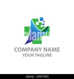 Modernes Krankenhaus Apotheke Kreuz mit digitalen Daten quadratische Verbindung Logo Design. EPS 10 Stock Vektor