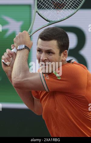 Hubert Hurkacz aus Polen am 8. Tag der French Open 2024, Roland-Garros 2024, Grand Slam-Tennisturnier am 2. Juni 2024 im Roland-Garros-Stadion in Paris Stockfoto