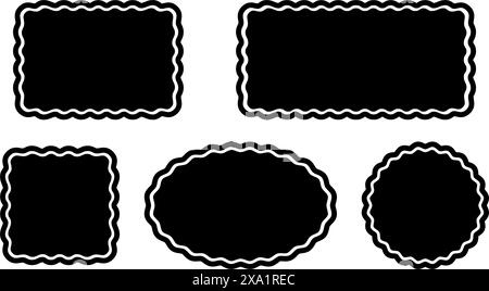 Set aus Rechteck-, Quadrat-, Oval- und Kreisformen mit welligen Kanten. Geometrische Firmen mit gewellten Rändern. Leere Textfelder, Tags oder Etiketten isoliert auf weißem Hintergrund. Vektorgrafik. Stock Vektor