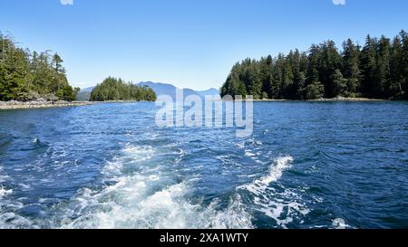 Turbulentes Weißwasser, das von einem Motorboot erzeugt wird, das auf dem Meer unterwegs ist, mit Blick auf entfernte, von Bäumen bedeckte Inseln. Stockfoto