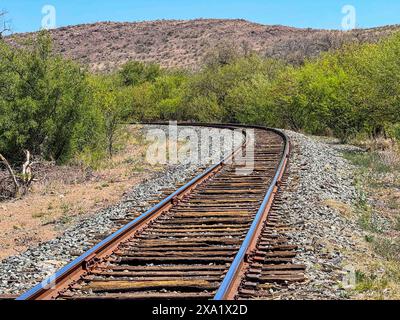 Bahngleise und Schwellen in den Bergen in der Gemeinde Turicachi und ejido km 47 zwischen Nacozari und Esqueda Gemeinde Fronteras in Sonora Mexiko. PIRA zeremonieller Akt der Apachen Ausbildung, INNIPI klassisches Gehäuse, Wandbild von Apachen Krieger Reiter reiten ihre Pferde und zeremonielle Stange (Luis Gutierrez / Norte Foto) VIAS de tren y durmientes en el monte en la comunidad Turicachi y ejido km 47 ubicada entre entre Nacozari y Esqueda municipio de Fronteras en Sonora Mexiko. PIRA acto Ceremonial de entrenamiento apache , vivienda clasica INNIPI , Mural de jinetes guerreos Stockfoto