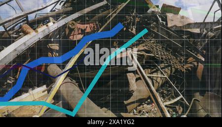 Bild der statistischen Datenverarbeitung über das Gitternetz gegenüber der Sicht auf den Schrottplatz Stockfoto
