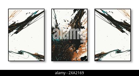 Abstrakte Kunst Aquarellmalerei, stilvolle moderne Kunst, Triptychon, Blume, Textur, Gold, Spritzer, Pflanze, Ölgemälde, Farbblock-Komposition Stockfoto