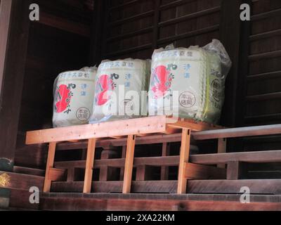 Verschiedene Lebensmittel werden auf Holzpaletten in der Nähe eines offenen Raums ausgestellt Stockfoto