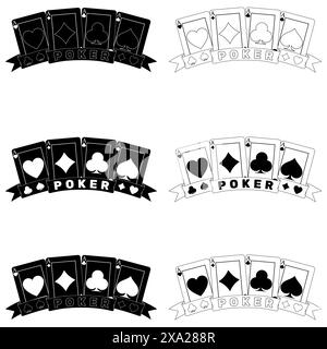 Vektordesign von Pokerkarten mit Bändern, Poker-Symbolen von Herz, Diamant, Klee und Ass Stock Vektor