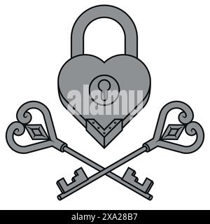 Vektordesign von Vorhängeschloss und Schlüsseln mit Herzform als Symbol der Liebe Stock Vektor