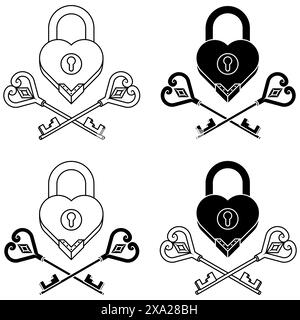 Vektordesign von Vorhängeschloss und Schlüsseln mit Herzform als Symbol der Liebe Stock Vektor