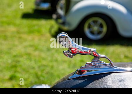 Das Widderhauben-Ornament an einem 1930er Jahre Dodge. Stockfoto