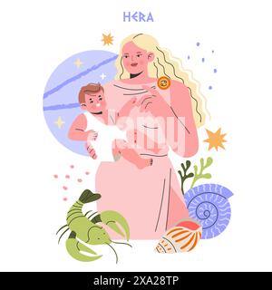 Antike griechische Götter. Eine heitere Illustration von Hera mit einem Kind, umgeben von Symbolen ihrer göttlichen Macht und griechischen Mythologie. Vektorabbildung. Stock Vektor