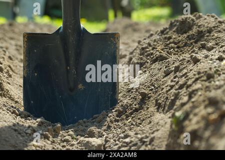 Schaufel in den Boden eingebettet in einen gut gepflegten Boden, der für die Gartenarbeit verwendet wird Stockfoto