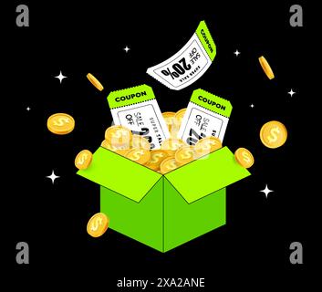 Geschenkgutscheine Werbebanner mit Gutscheincode, Prozentsatz, Gutscheinen und Münzen in einer Geschenkbox, isoliert auf dunklem Hintergrund. Black friday Sonderangebot. Vektorabbildung. Vektorabbildung Stock Vektor