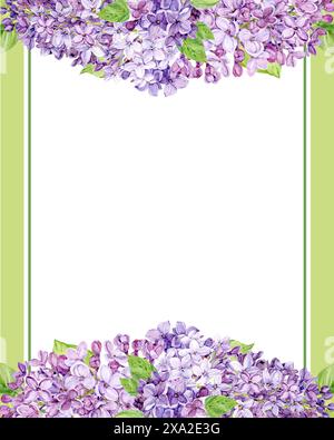 Wunderschöner Flieder mit Blättern und Knospen. Handgezeichnete Aquarellillustration. Rahmen, quadratische Vorlage, leer für Text, isoliert vom Hintergrund. Stockfoto