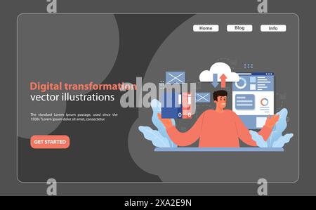Digitale Unternehmenstransformation. Eine visionäre Führungskraft koordiniert die Umstellung auf digitale Plattformen und verbessert die Konnektivität und Datenverwaltung. Illustration des flachen Vektors. Stock Vektor