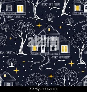 Nahtloses Muster mit Häusern und Winterbäumen. Vektor. Stock Vektor