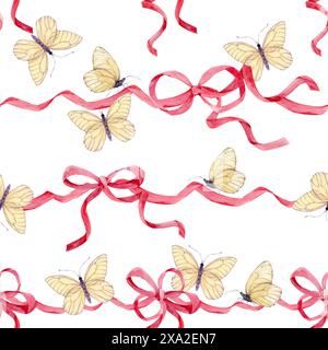 Nahtloses Muster von Satinschleifen und weißen Schmetterlingen. Aquarellhintergrund von rosa Seidenbändern. Einrichtung für Geburtstage, Hochzeiten und Valentinstag. Deko Stockfoto