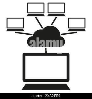 Cloud-Computing-Netzwerk. Symbole für verbundene Laptops. Symbol für Datenspeicher. Schwarze Vektorgrafik. Stock Vektor