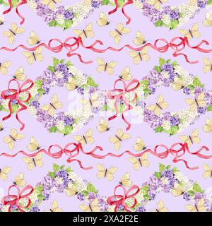 Nahtloser Hintergrund mit weißen und violetten Fliedern, die mit rosa Seidenbändern umwickelt sind. Aquarellblumen im botanischen Stil. Handzeichnung zum Drucken Stockfoto