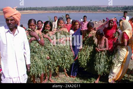 Indien: Anhänger der Göttin Yellamma, bedeckt mit Neemblättern, Poornima Festival in der Nähe des Yellamma-Tempels, Saundatti, Karnataka (1994). Jedes Jahr im Hindumonat Magh (Januar bis Februar) versammeln sich mehr als eine halbe Million Menschen um den winzigen Tempel der Göttin Yellamma in Saundatti. Yellamma ist der Schutzpatron der devadasi oder Frauen, die dem Dienst an einer Gottheit oder einem Tempel gewidmet sind. Stockfoto