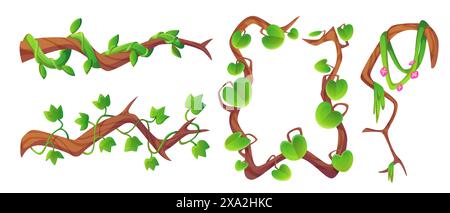 Lange Lianenrebe und rechteckiger Rahmen mit grünen Blättern und Blüten. Dschungel-Pflanzenzweige für das Design von spieloberflächen. Zeichentrickvektor-Illustration Set von Regenwald Efeukriecher. Vegetationszweig mit Laub. Stock Vektor
