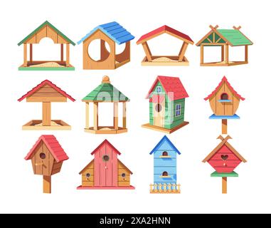 Basteln Sie Vogelhäuser und Vogelfütterung 2D-Zeichentrickobjekte Set. Kleine Futtermittel und Häuser für Vögel flache Linie Vektorelemente weißer Hintergrund Stock Vektor