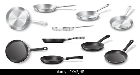 Antihaft-und Edelstahl-Pfannen realistische Vektor-Illustration Set. Design der Küchenausstattung. Küchenutensilien 3D-Objekte auf weißem Hintergrund Stock Vektor