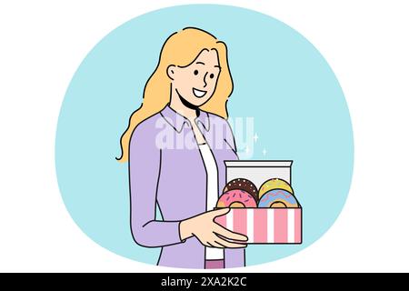 Frau hält Donuts in der Schachtel und bietet Frühstück mit süßem Gebäck mit Obst oder Schokoladenzusatz an. Glückliches Mädchen mit Donuts für Kinder Party mit Desserts, die von der Patisserie geliefert oder im Coffee Shop gekauft wurden Stock Vektor