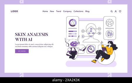 Innovationskonzept Hautpflege. KI-gestützte Hautanalyse, die von einem benutzerfreundlichen Roboter und einer interaktiven mobilen App durchgeführt wird. Personalisierte Trends in der Kosmetiktechnologie. Vektorabbildung. Stock Vektor