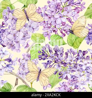 Aquarellhintergrund mit Fliedern und Schmetterlingen. Nahtloser Hintergrund der Frühlingsblumen. Botanische handgezeichnete Illustration für Stoff, Textil, Wandplatte Stockfoto