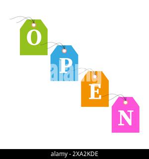 Öffnen Sie Tags. Farbenfrohe Aufhängeschilder. Helles Etikettendesign. Moderne Vektorillustration. Stock Vektor