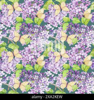 Aquarellhintergrund mit Fliedern und Schmetterlingen. Nahtloser Hintergrund der Frühlingsblumen. Botanische handgezeichnete Illustration für Stoff, Textil, Wandplatte Stockfoto