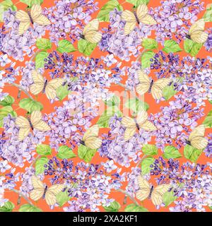 Aquarellhintergrund mit Fliedern und Schmetterlingen. Nahtloser Hintergrund der Frühlingsblumen. Botanische handgezeichnete Illustration für Stoff, Textil, Wandplatte Stockfoto