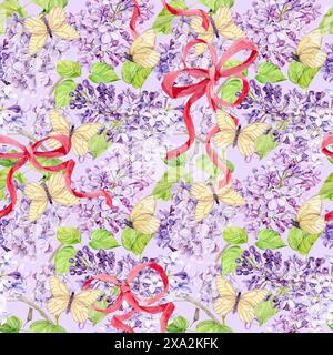 Nahtloser Hintergrund mit weißen und violetten Fliedern, die mit rosa Seidenbändern umwickelt sind. Aquarellblumen im botanischen Stil. Handzeichnung zum Drucken Stockfoto