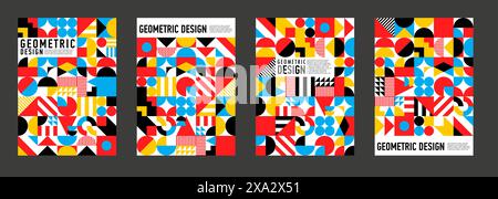 Abstrakte moderne geometrische Poster. Vektorabdeckung oder vertikale Hintergrunddesigns mit minimalem Muster und auffälligen Formen. Trendige Layoutvorlagen mit lebendigen Kreisen, Dreiecken, Punkten, Linien und quadratischen Elementen Stock Vektor