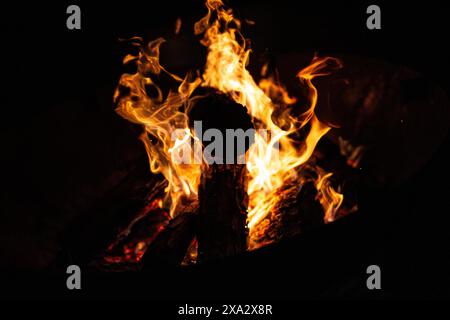 Feuer und Flamme auf dem Campingplatz. Schöne orangene Flamme mit Holz. Stockfoto