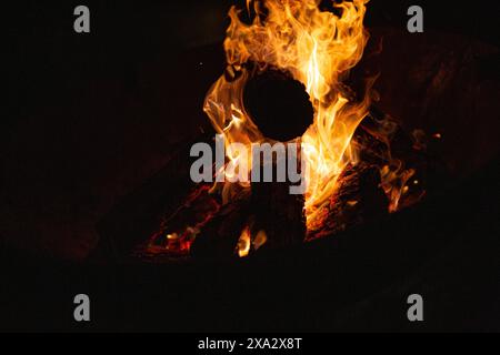 Feuer und Flamme auf dem Campingplatz. Schöne orangene Flamme mit Holz. Stockfoto