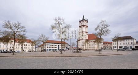 Panorama des Marktplatzes mit Stadtkirche, Neustrelitz, Mecklenburg-Vorpommern, Deutschland Stockfoto