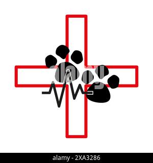 Symbol für Veterinärmedizin. Rotes Kreuz und Pfote. Heartbeat-Linienvektor. Symbol für Tiergesundheit. Stock Vektor