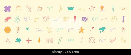 Farbenfrohe Designelemente mit Anime-Emotionseffekt. Manga-Pfeile, Funkeln, Ausdruckszeichen, Sprechblase. Vektorabbildung. Stock Vektor