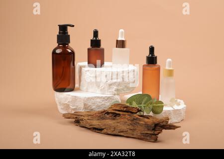 Elegante, ausgewählte Hautpflegeflaschen auf Steinen mit natürlichen Elementen Stockfoto