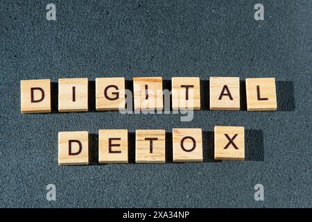 Digitale Detox-Holzbriefe. Text auf dunklem Hintergrund Stockfoto