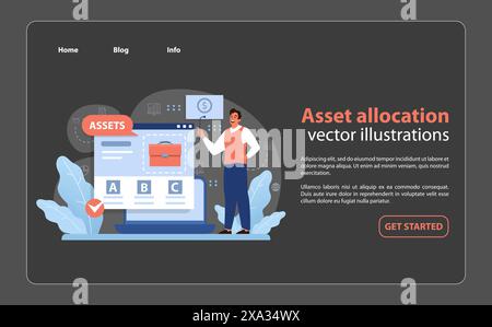 Anlagenzuordnungskonzept. Man präsentiert eine diversifizierte Portfolioverteilung auf dem Bildschirm und optimiert so das Vermögensmanagement. Strategische Planung, finanzieller Ausgleich. Illustration des flachen Vektors. Stock Vektor